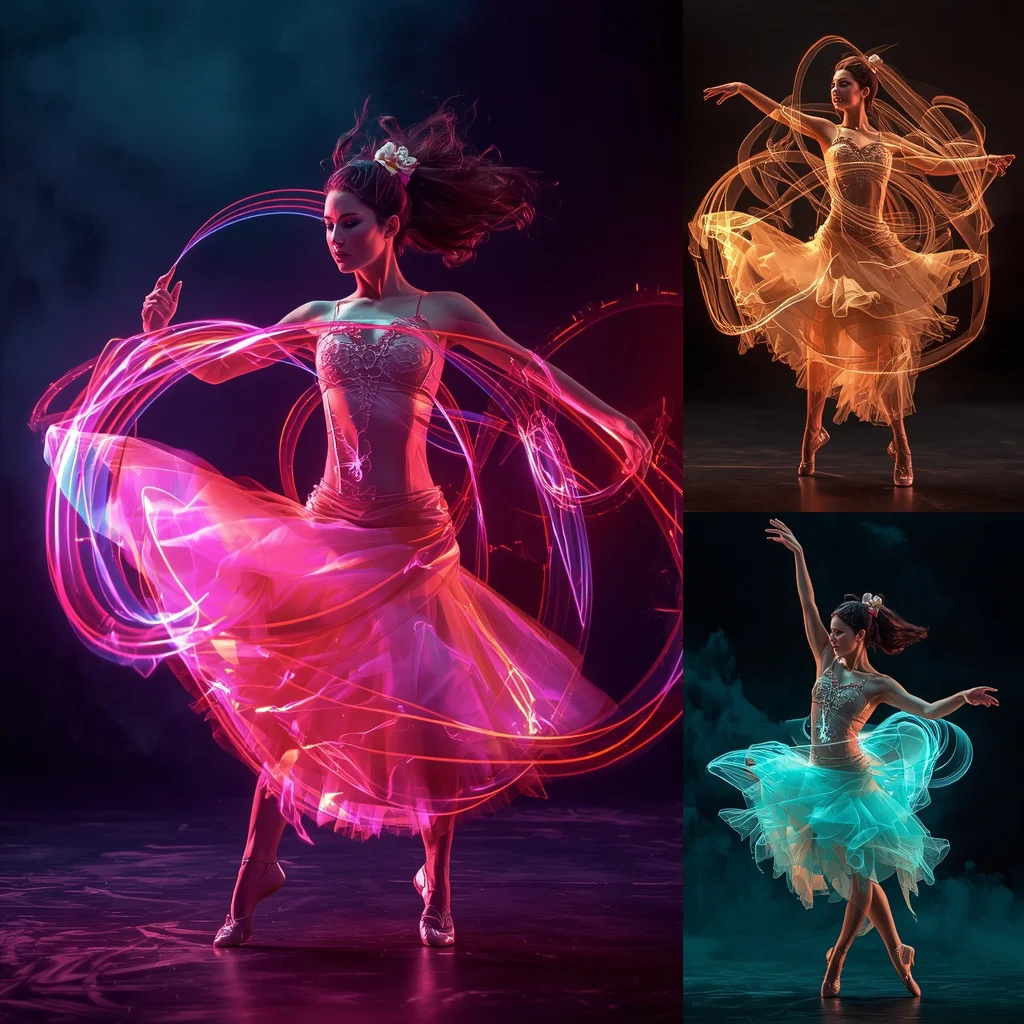 A Vibrant Collage of a Female Dancer with Swirling Ribbons of Light and Color | New instagram trend prompt for girl and boy aesthetic — AI image prompt