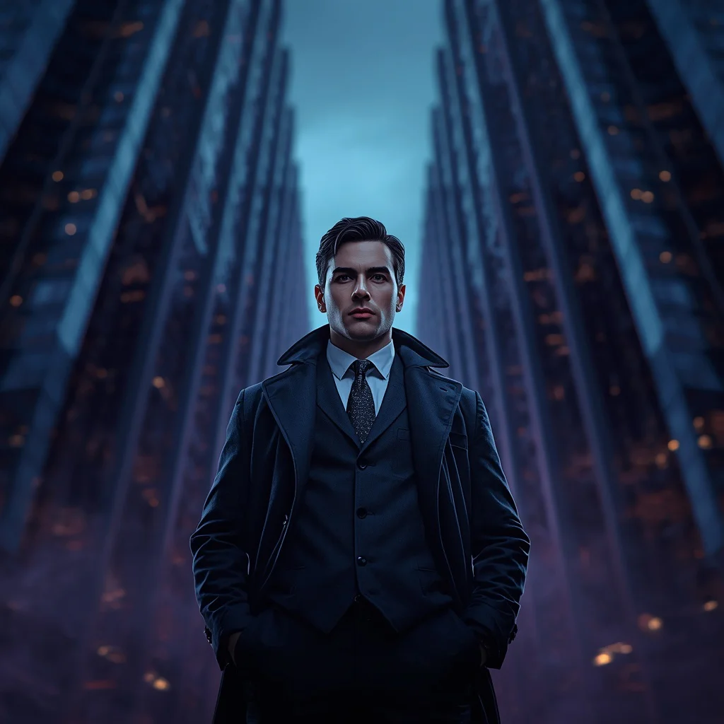 A Man's Confident Cityscape Portrait with Architectural Reflections and Moody Tones — AI image prompt