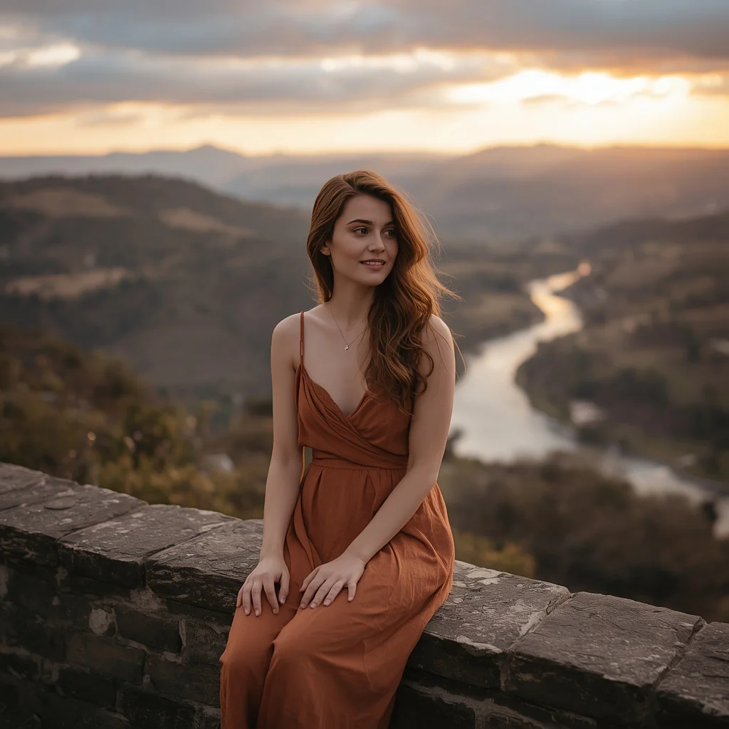 Beautiful Girl's Reflective Moment by an Old Stone Wall — AI image prompt