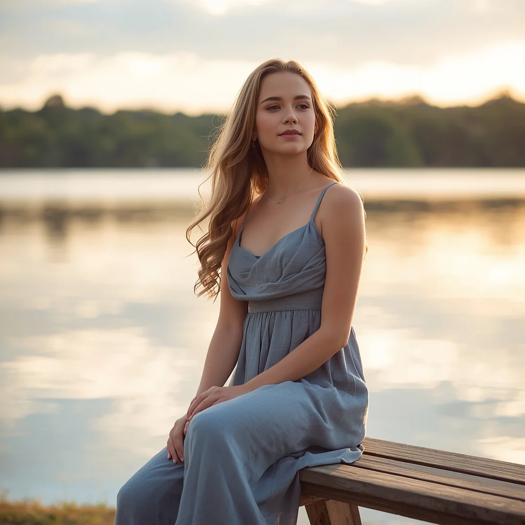 Beautiful Girl's Serene Moment on a Lakeside Bench — AI image prompt