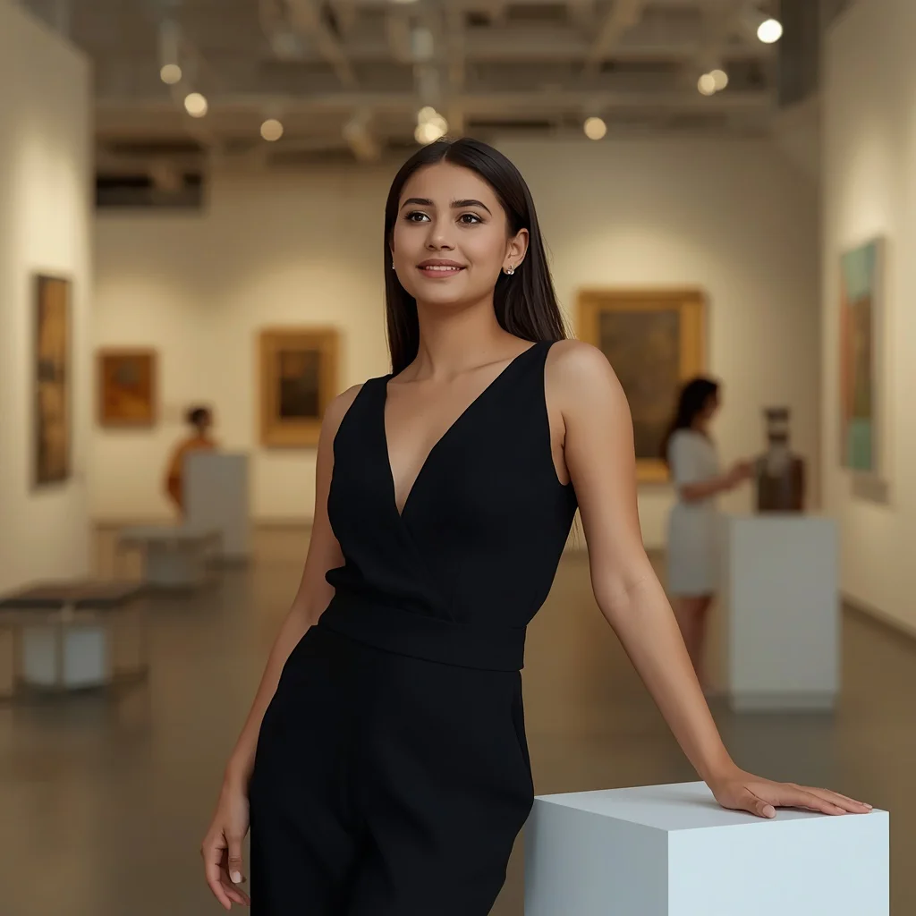 Beautiful Girl's Sophisticated Pose in an Art Gallery — AI image prompt