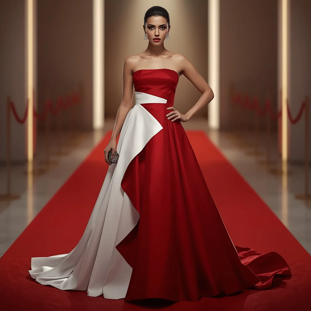 Bold Fashion Statement in a Structured Red and White Gown — AI image prompt