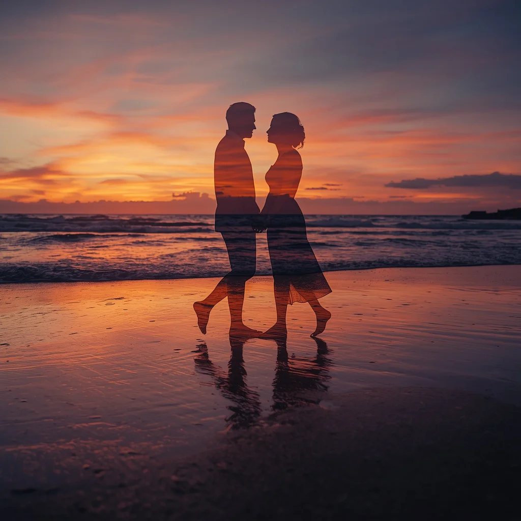 Coastal Romance: A Couple's Sunset Silhouette on the Beach — AI image prompt