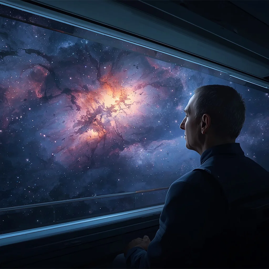 Cosmic Voyager: A Man Gazing at a Starry Nebula from a Spaceship — AI image prompt