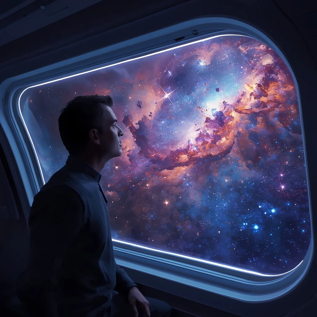 Cosmic Voyager: A Man Gazing at a Starry Nebula from a Spaceship — AI image prompt