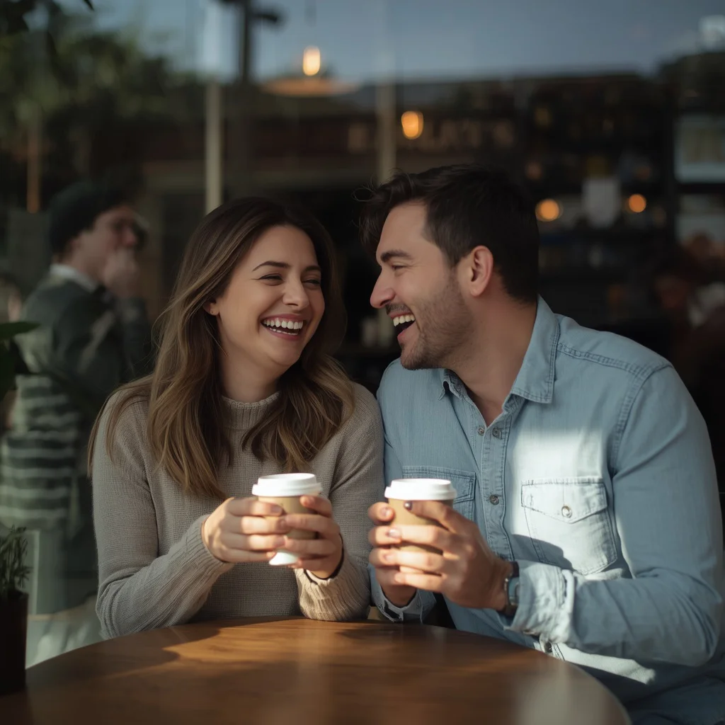 Couple's Candid Laughing Moments in a Coffee Shop — AI image prompt