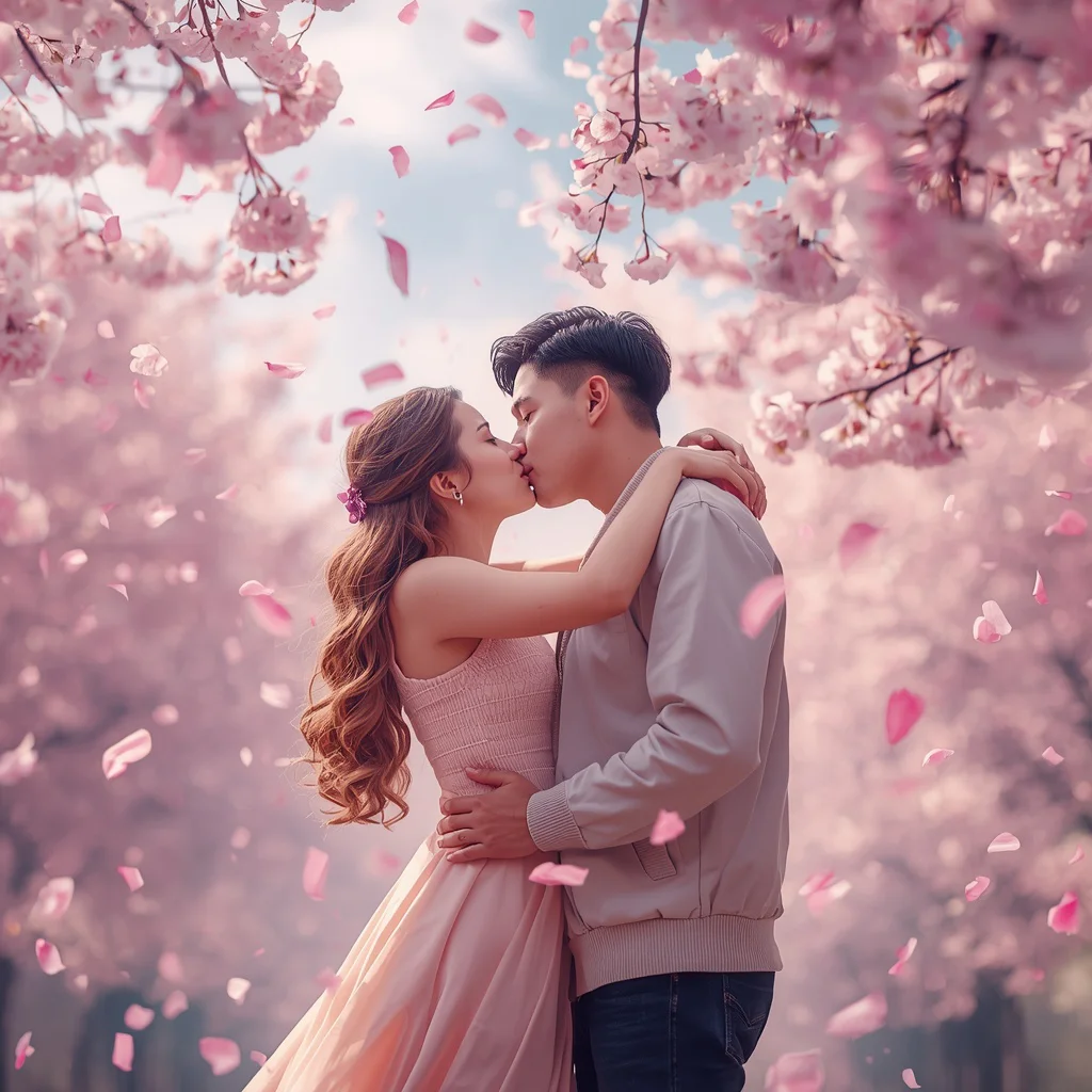 Couple's Intimate Kiss Under Cherry Blossoms — AI image prompt