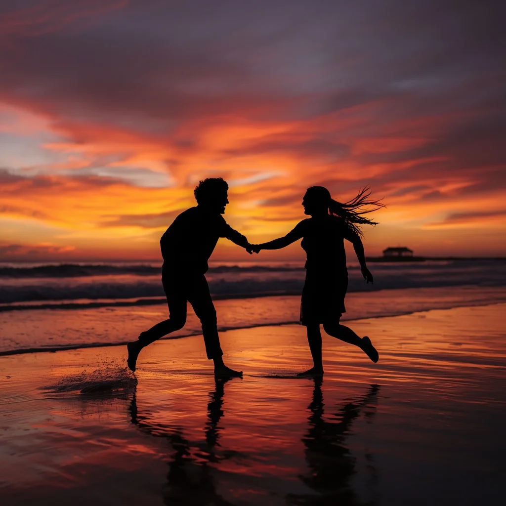 Couple's Playful Beach Sunset Silhouettes — AI image prompt