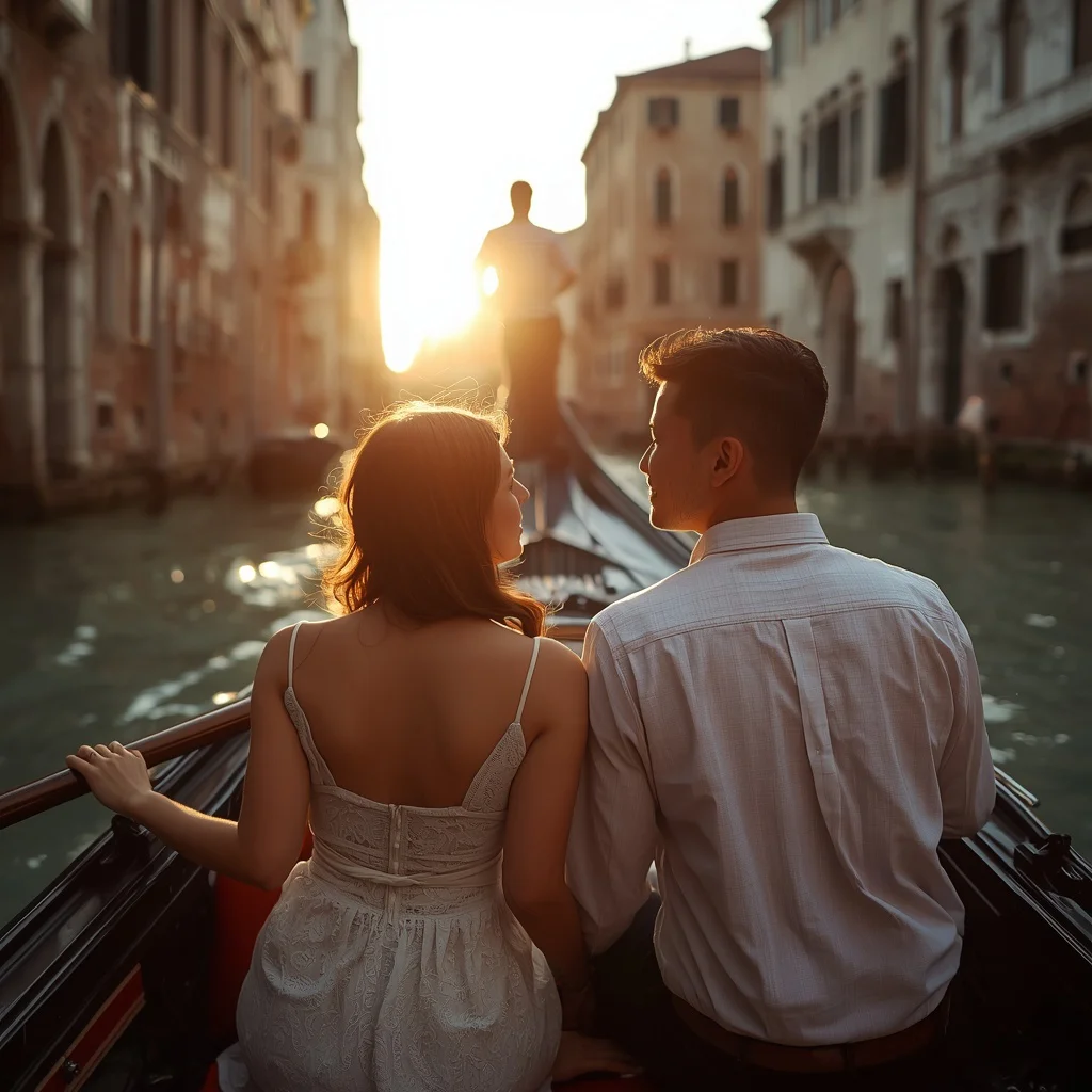 Couple's Romantic Gondola Ride in Venice Sunset — AI image prompt