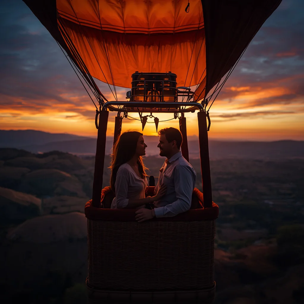 Couple's Romantic Hot Air Balloon Ride Sunset — AI image prompt