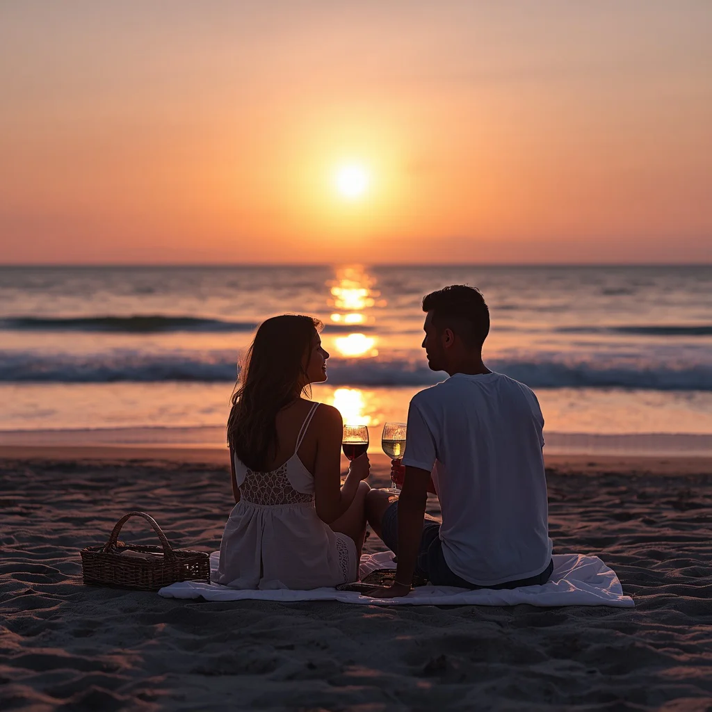Couple's Romantic Sunset Beach Picnic — AI image prompt