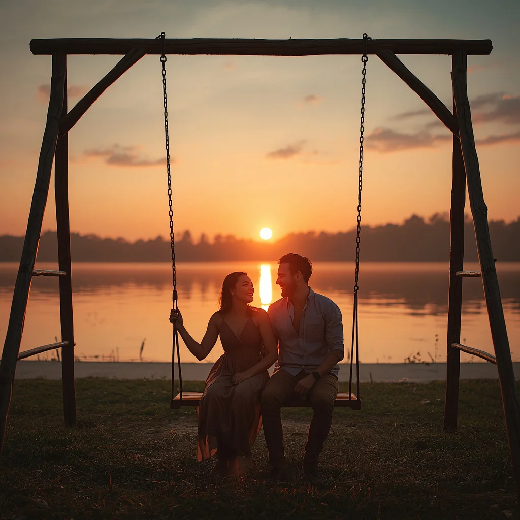 Couple's Romantic Sunset Swing by the Lake — AI image prompt