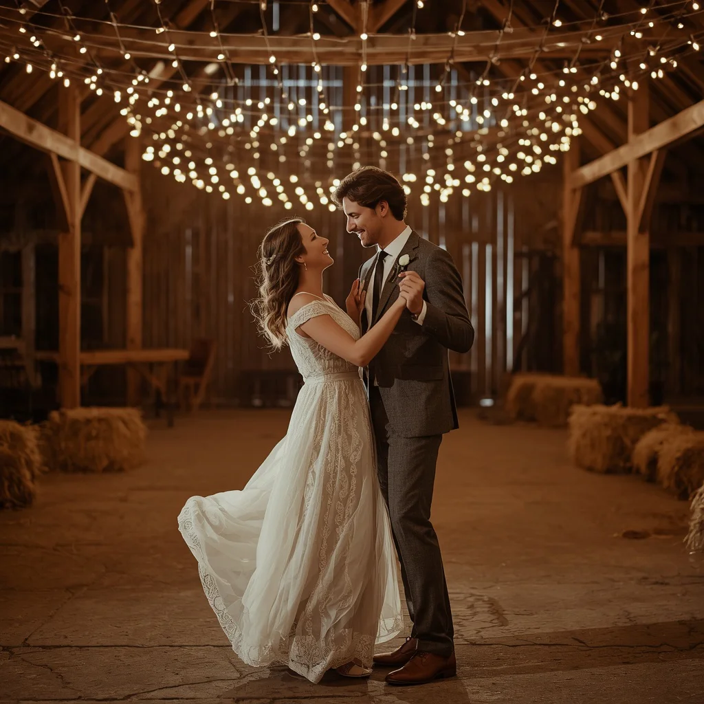 Couple's Rustic Barn Wedding Dance Under String Lights — AI image prompt
