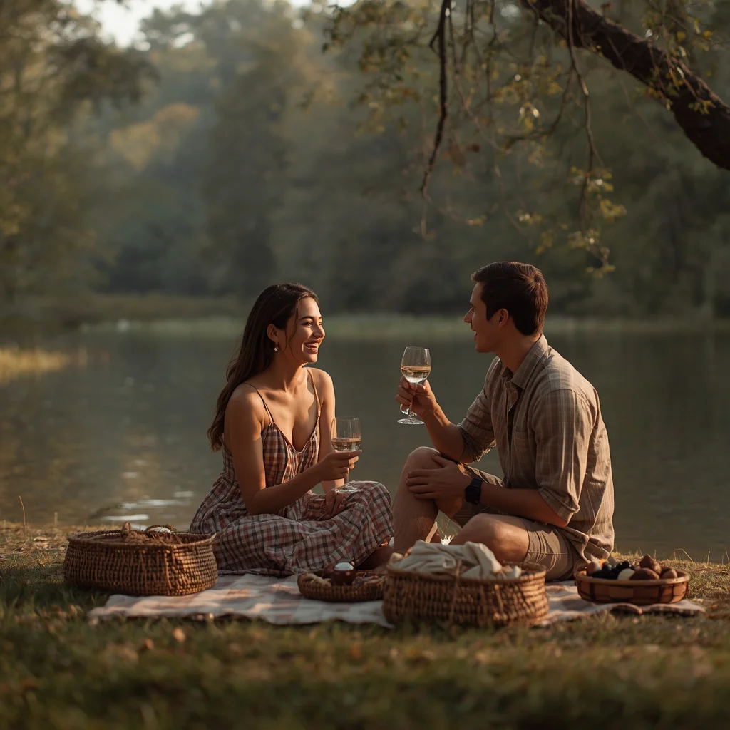 Couple's Rustic Picnic by a Calm River — AI image prompt