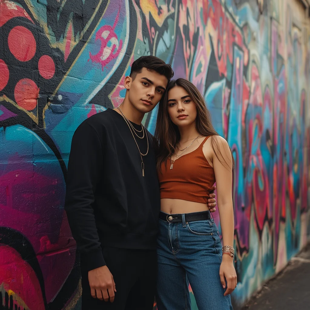 Couple's Vibrant Street Art Background Portrait — AI image prompt
