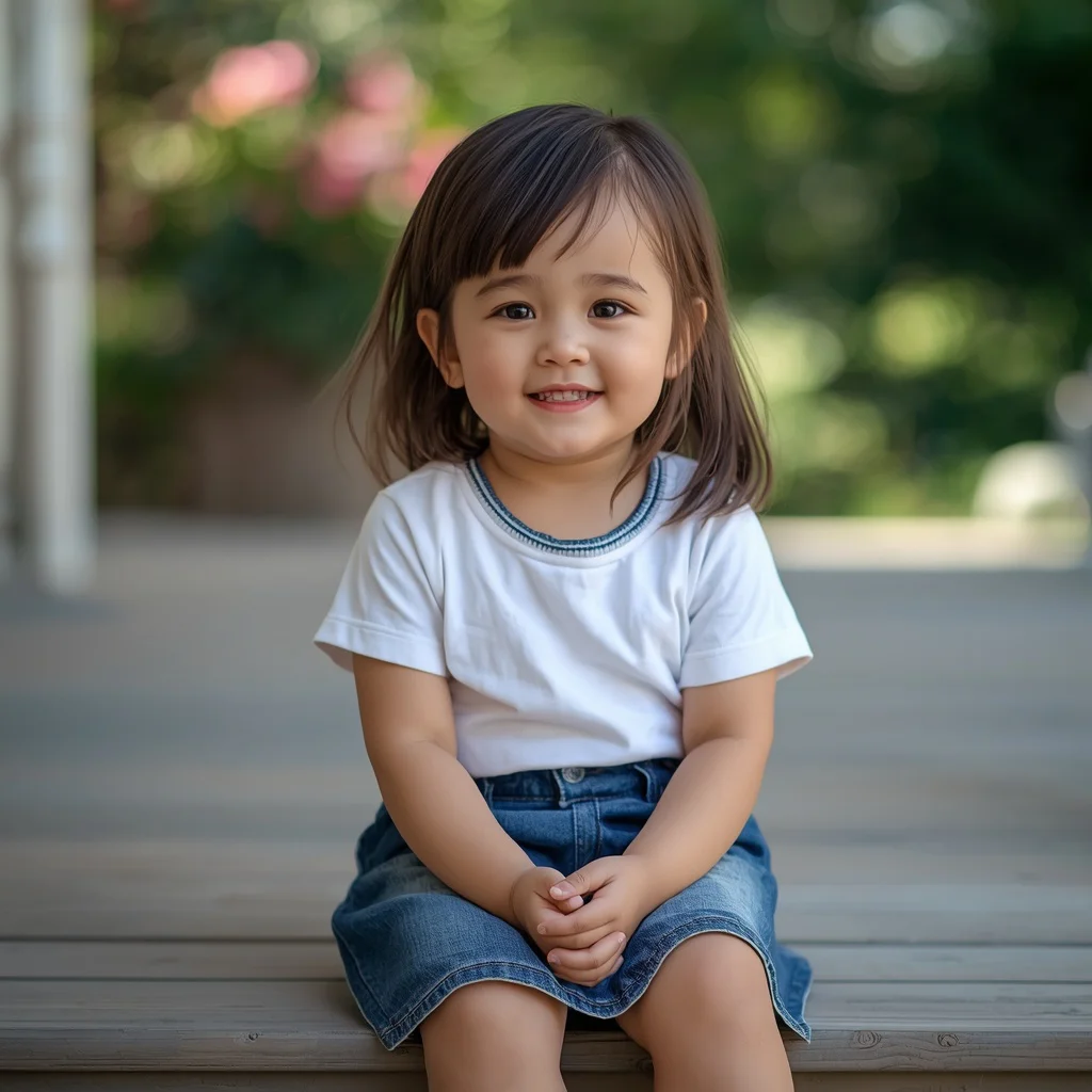 Cute Girl with a Sweet Smile and Denim Skirt — AI image prompt