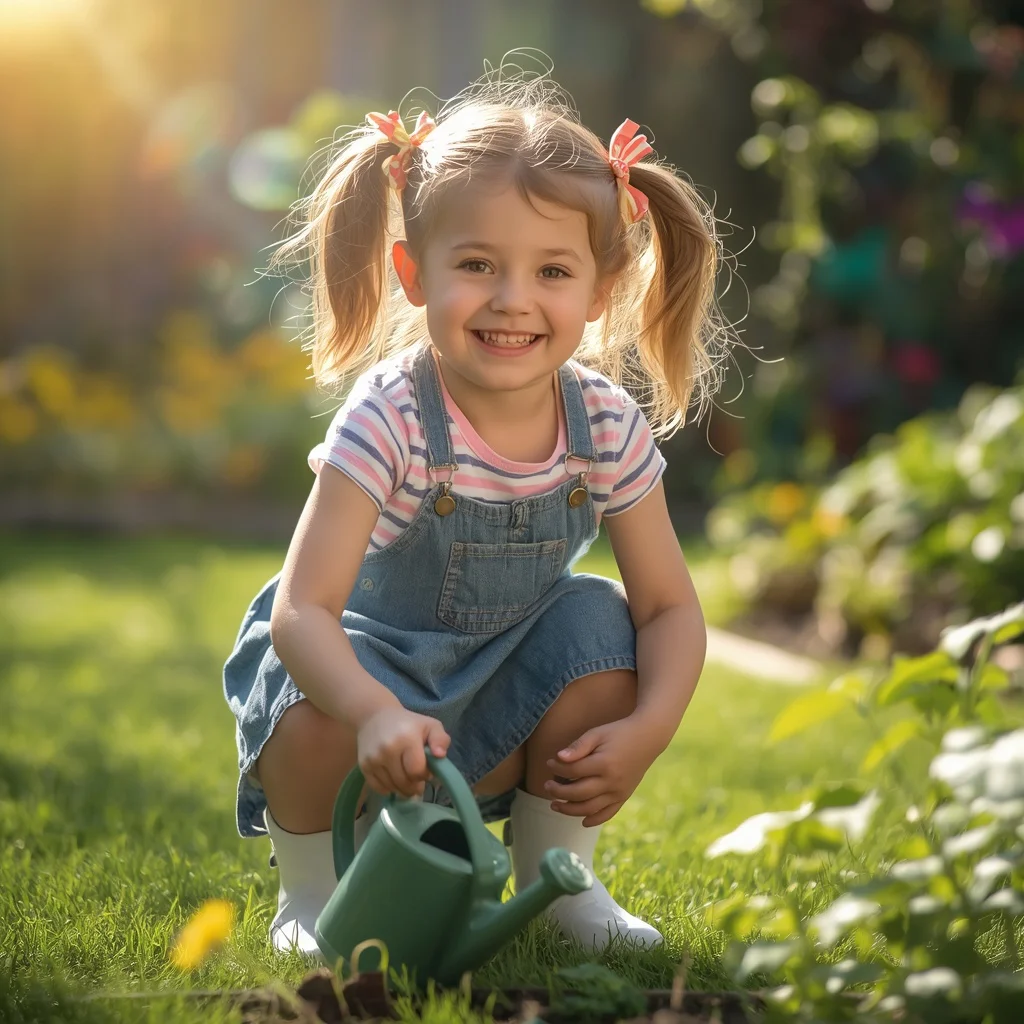 Cute Girl's Enthusiastic Gardening in a Sunny Yard — AI image prompt