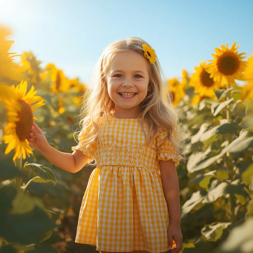Cute Girl's Innocent Gaze in a Sunflower Field — AI image prompt