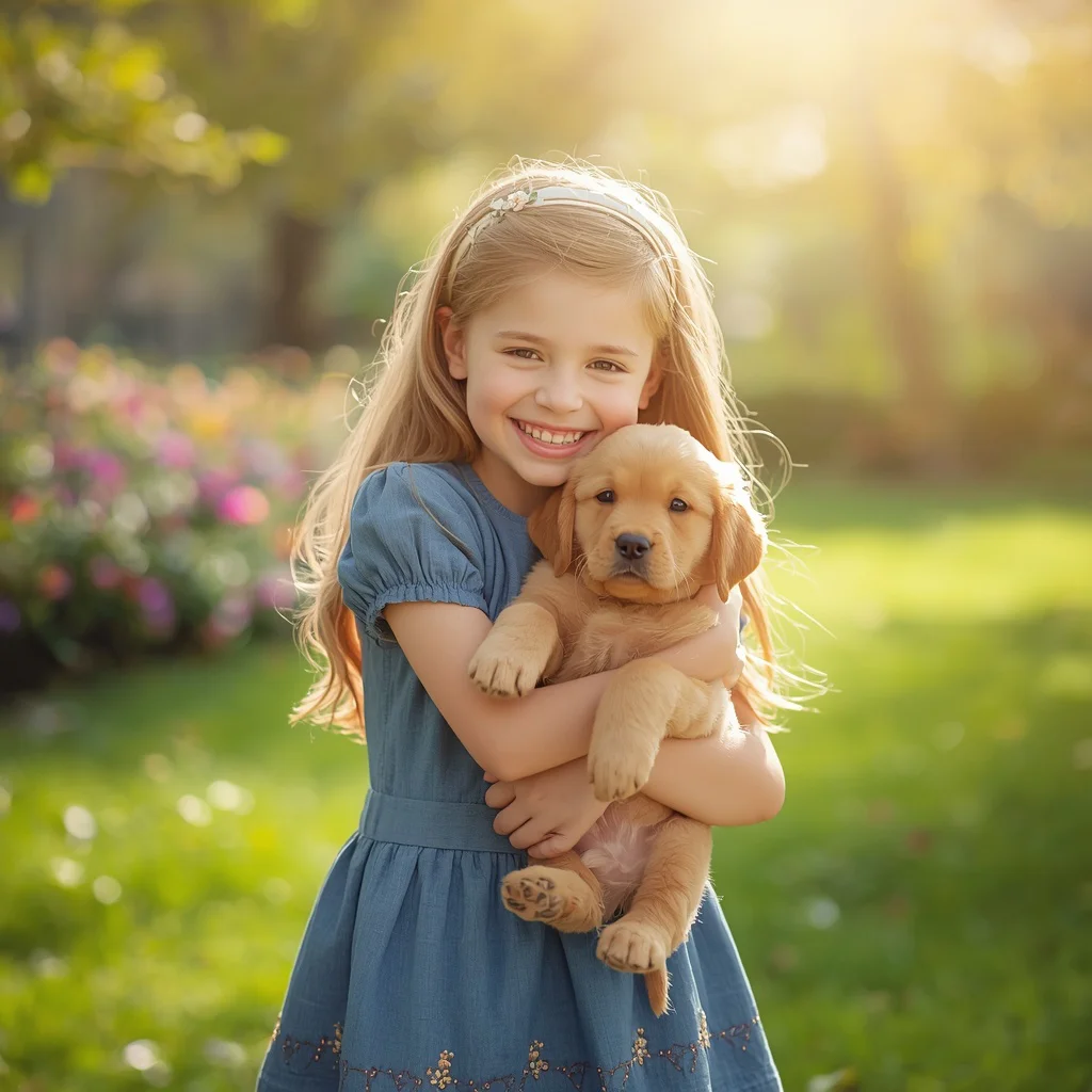 Cute Girl's Joyful Moment with a Puppy in a Park — AI image prompt