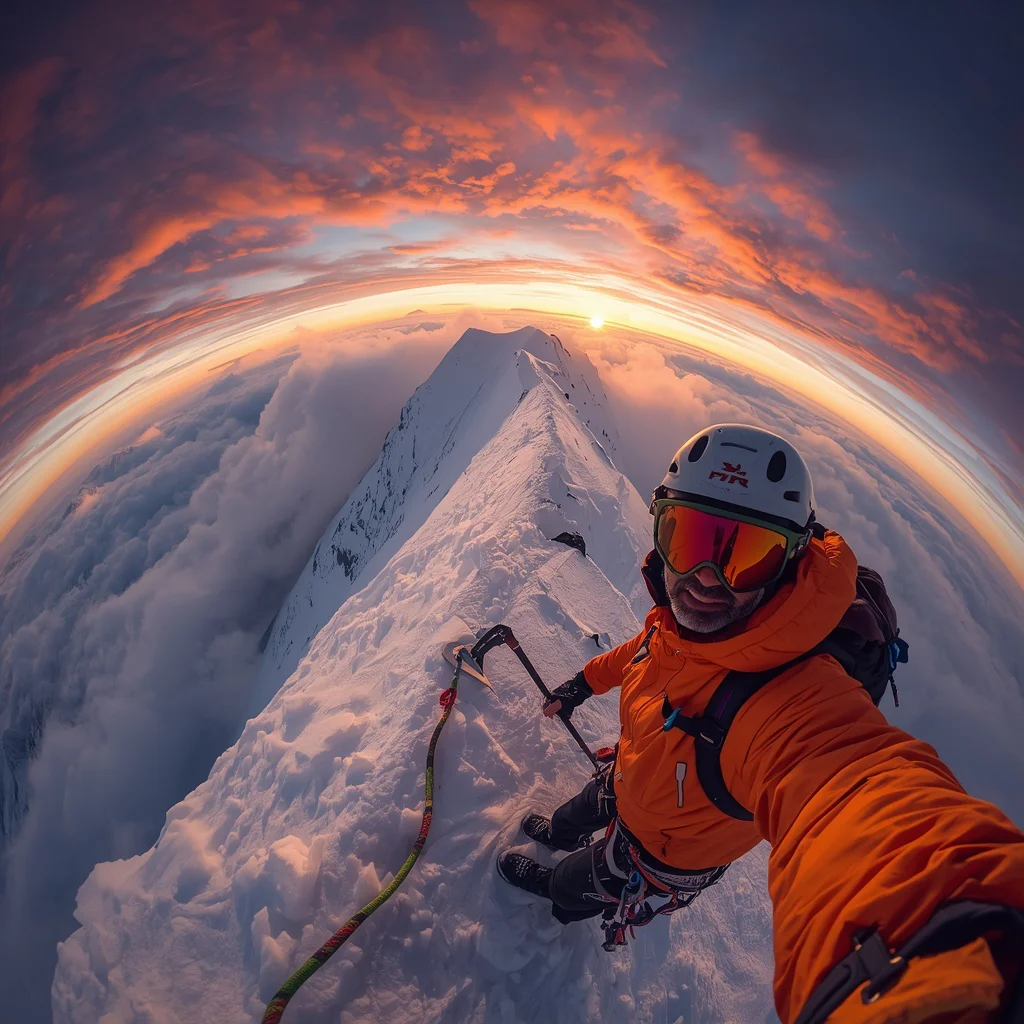 Determined Ascent: A Man Conquering a Snowy Mountain Peak — AI image prompt