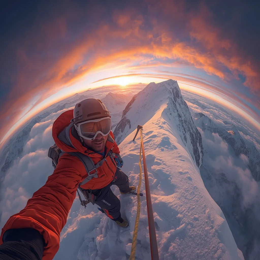 Determined Ascent: A Man Conquering a Snowy Mountain Peak — AI image prompt