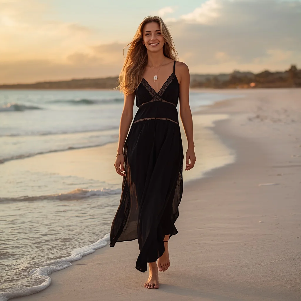 Effortless Beachside Resort Wear with a Flowy Black Maxi Dress — AI image prompt