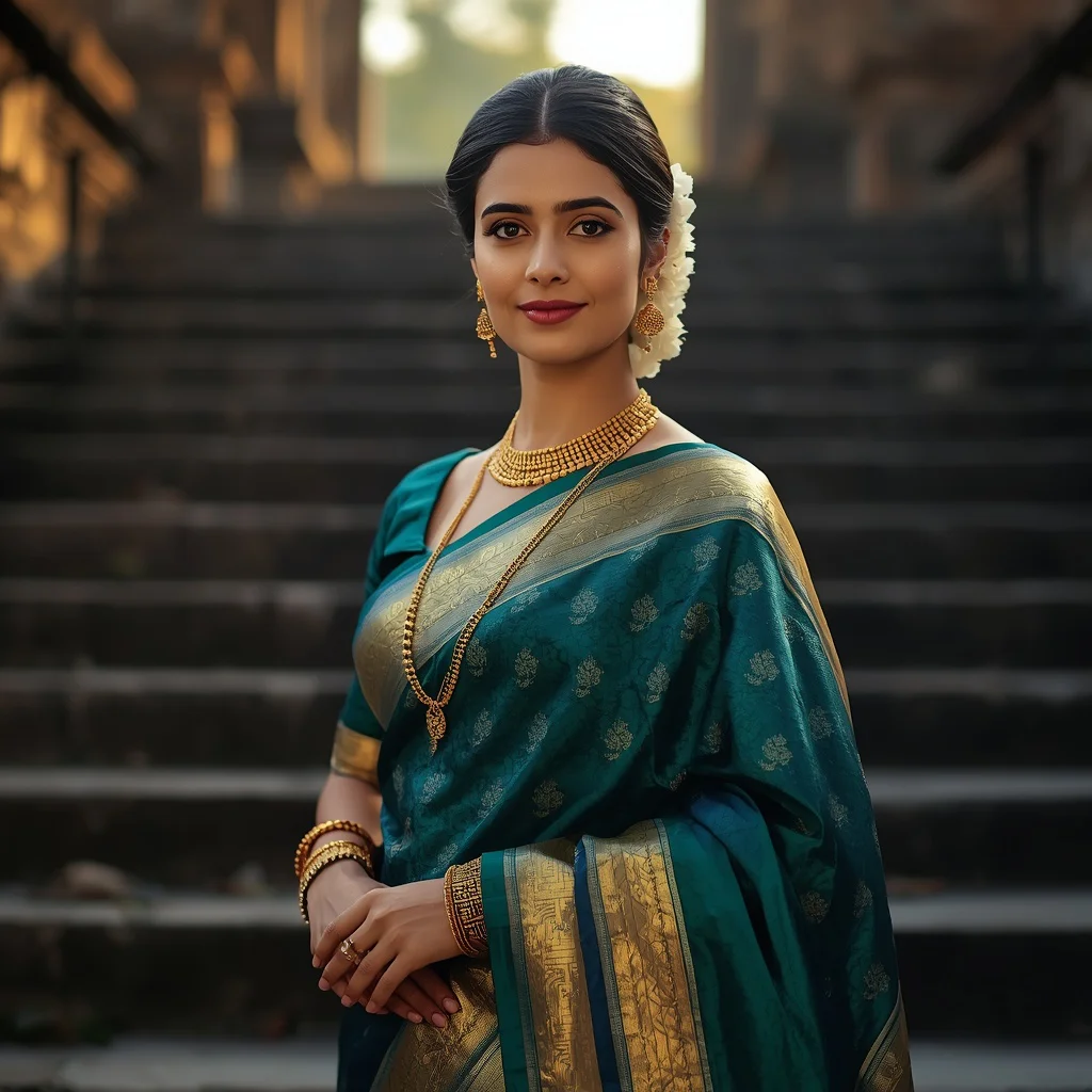Elegant Woman in Kanjivaram Saree on Ancient Temple Steps — AI image prompt