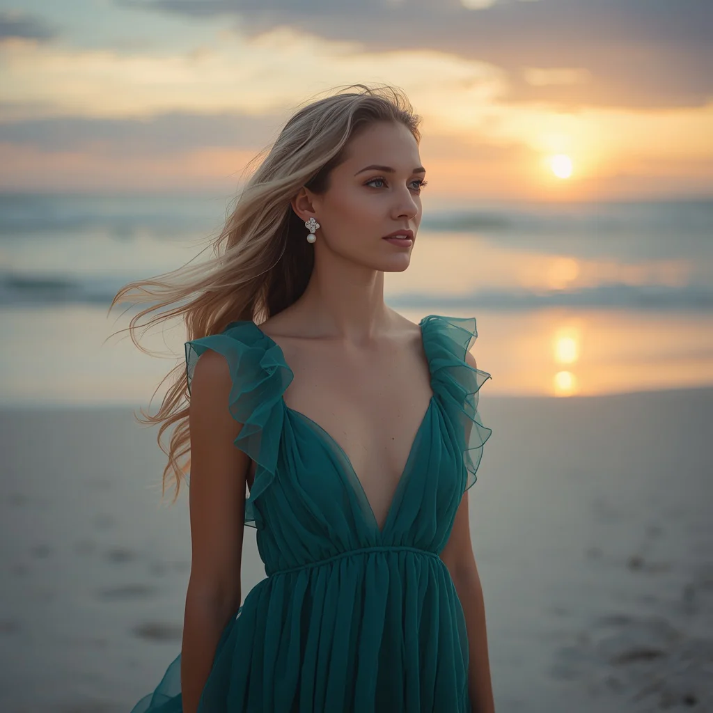 Ethereal Beachside Gala Attire with a Flowing Teal Gown — AI image prompt