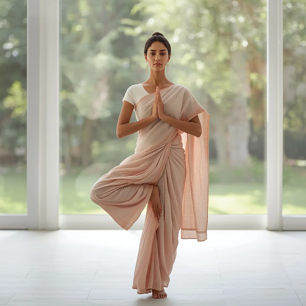 Graceful Indian Woman with a Yoga Pose in a Pastel Organic Cotton Saree — AI image prompt
