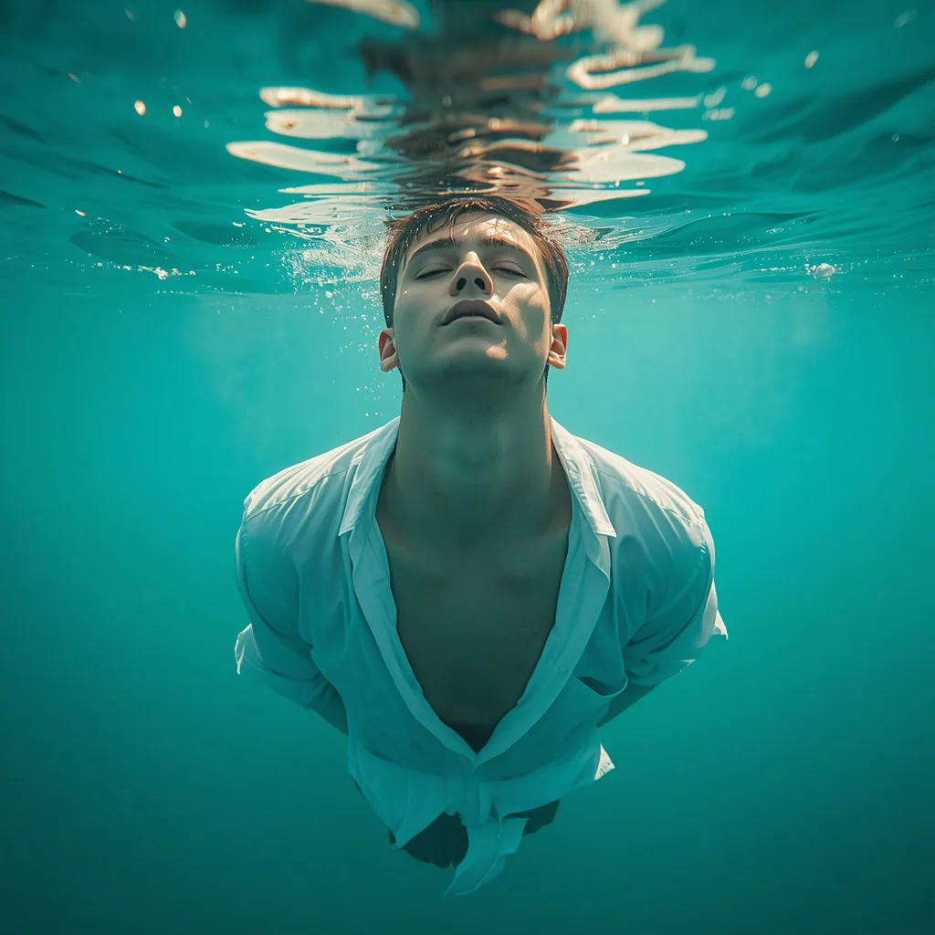 Hyper-realistic Underwater Portrait: A Serene Man's Meditative Pose — AI image prompt