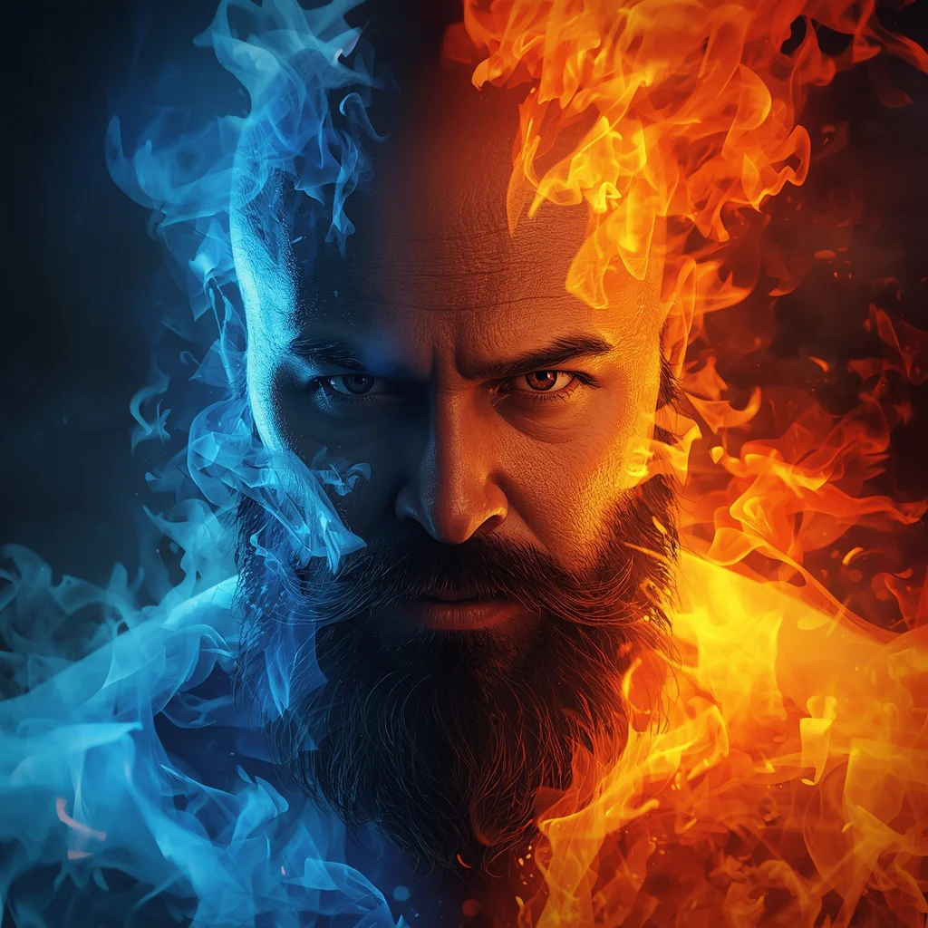 Hyperrealistic Digital Painting of a Powerful Man Split Between Fire and Ice Elements — AI image prompt