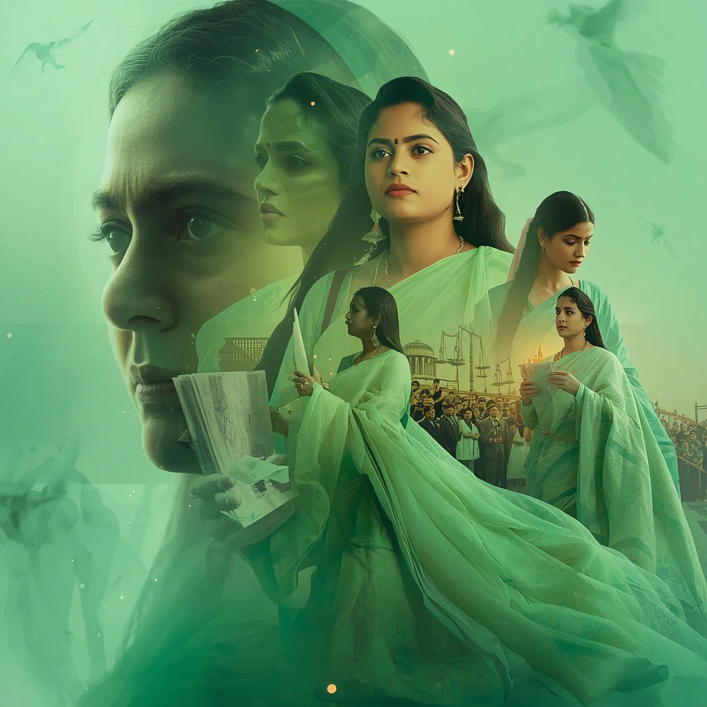 Indian Woman's Courageous Voice for Justice: Pastel Emerald Saree — AI image prompt
