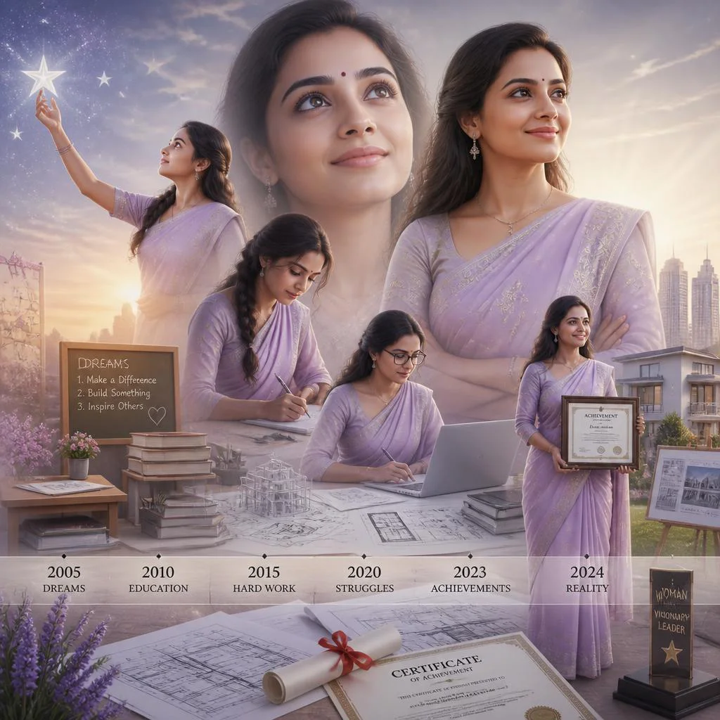 Indian Woman's Journey: From Dreams to Reality with Lavender Saree — AI image prompt
