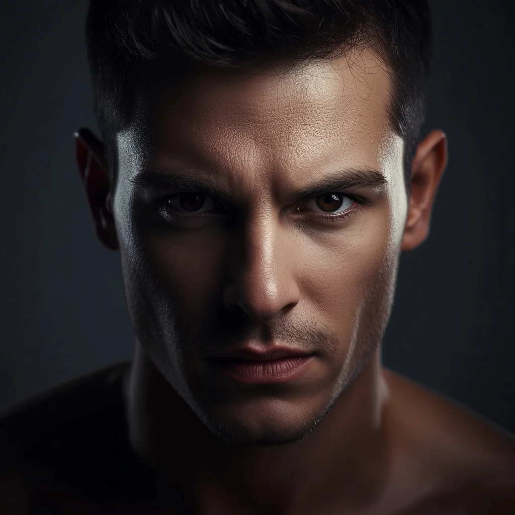 Intense Gaze: A Man's Powerful Close-up Portrait with Dramatic Lighting — AI image prompt