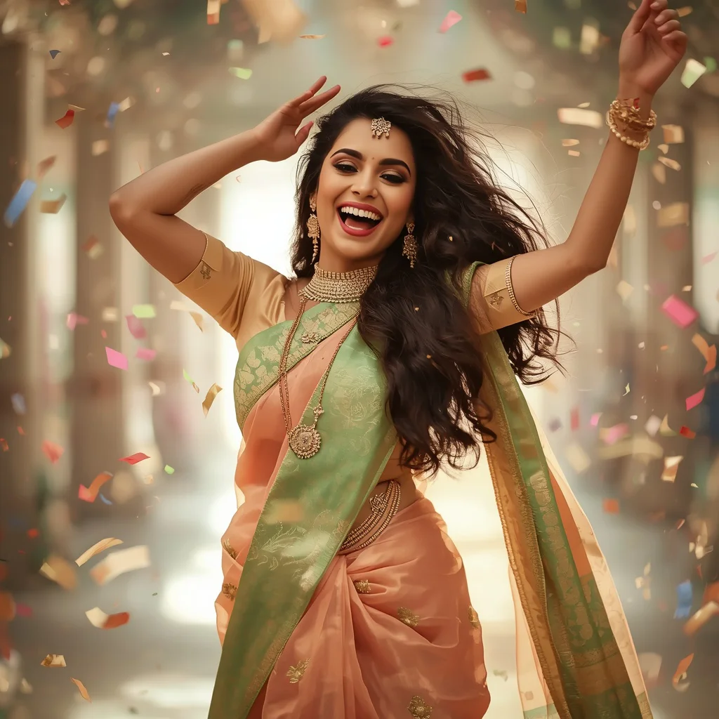 Joyful Indian Woman Dancing with Streamers in a Pastel Banarasi Silk Saree — AI image prompt
