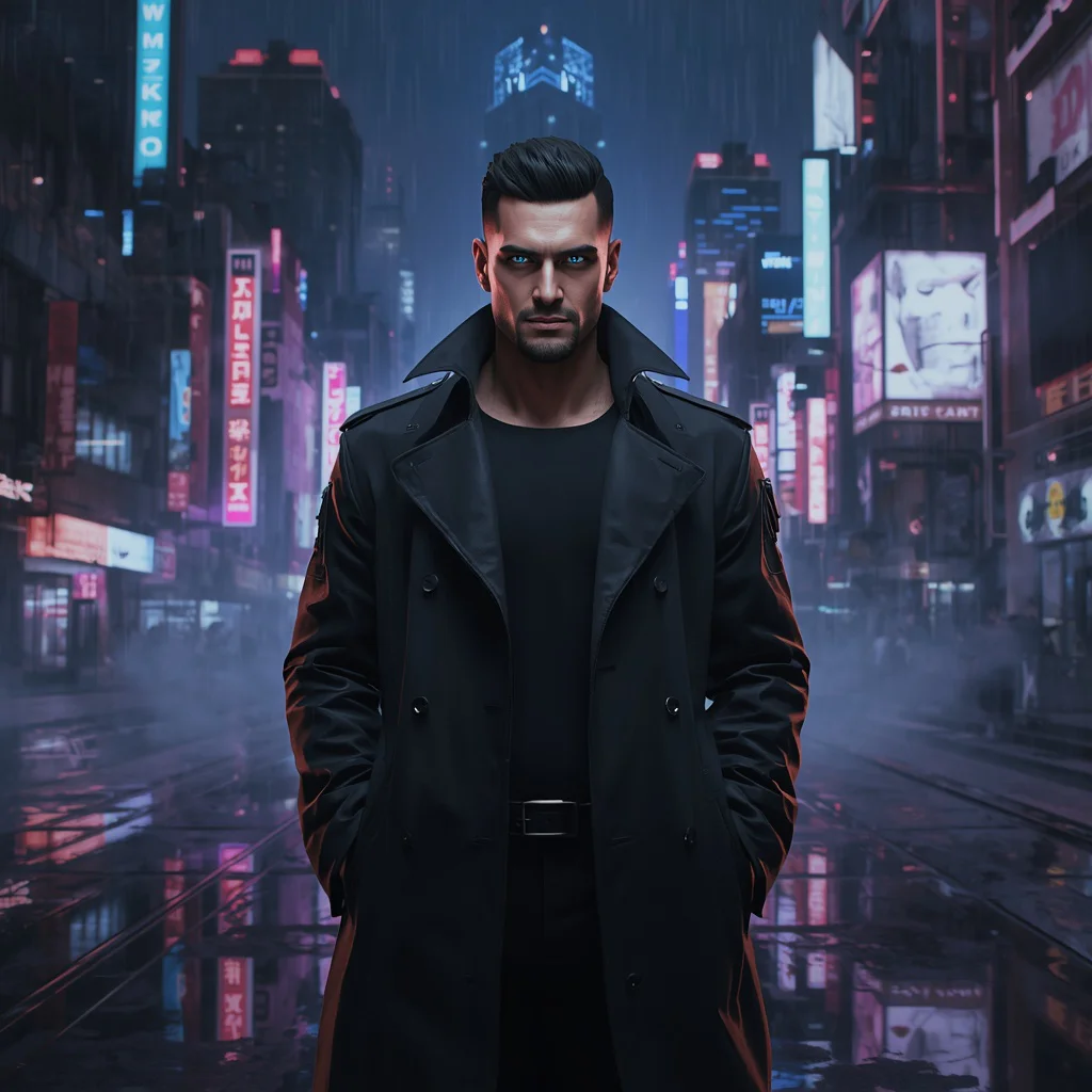 Masculine Power: A Man Standing Strong Against a Cyberpunk Backdrop — AI image prompt