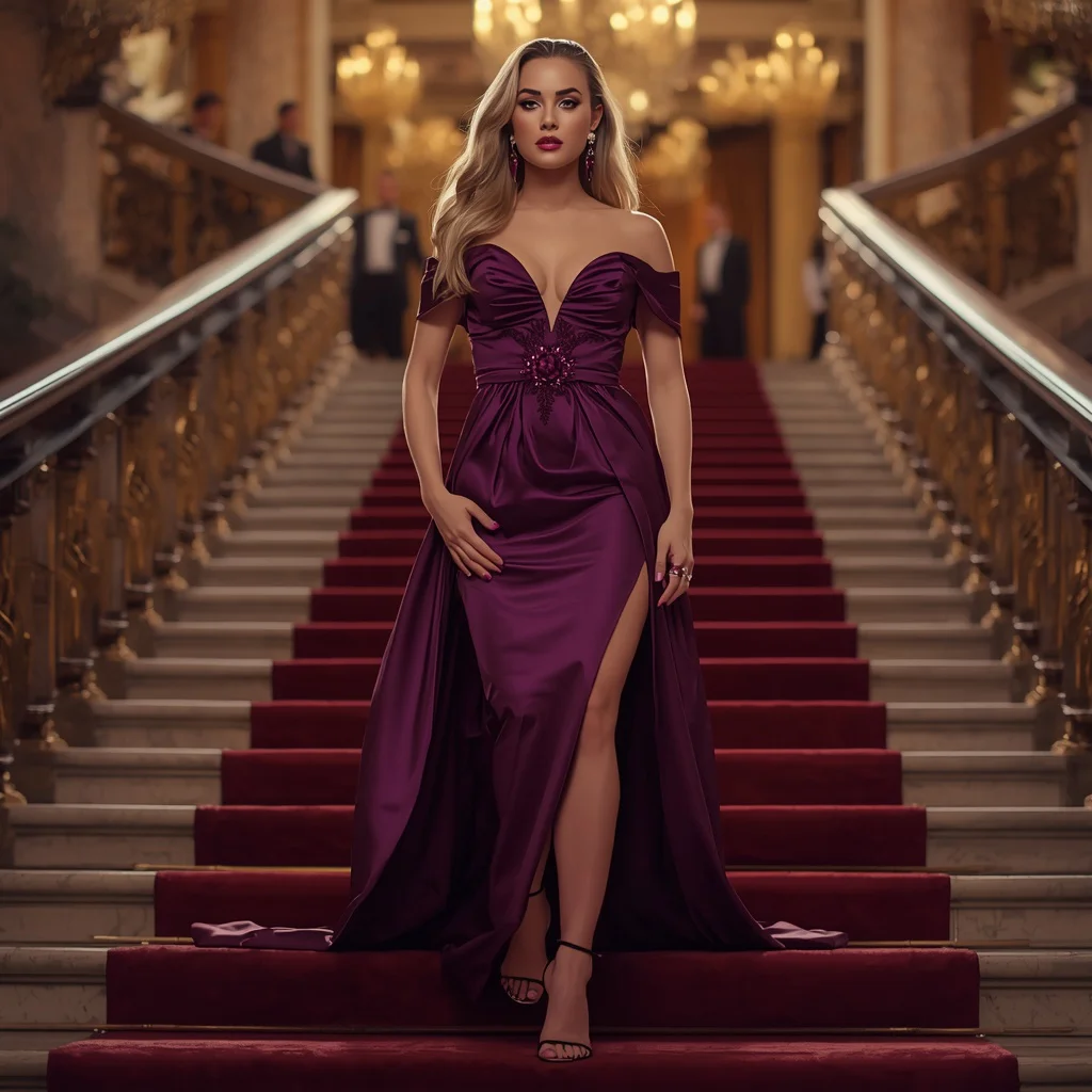 Modern Gala Statement in a Regal Purple Off-Shoulder Gown — AI image prompt