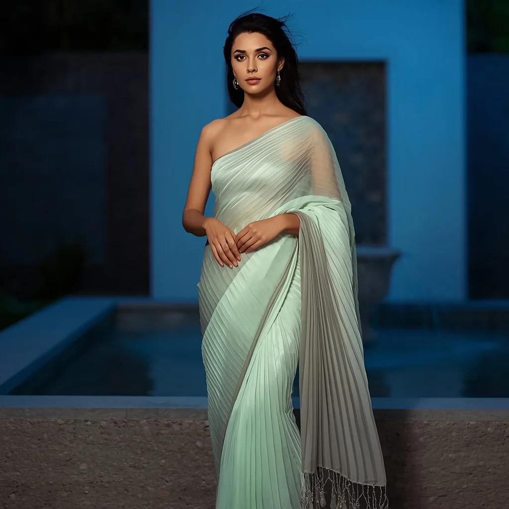 Modern Indian Woman in a Pleated Pastel Silk Georgette Saree by a Fountain — AI image prompt