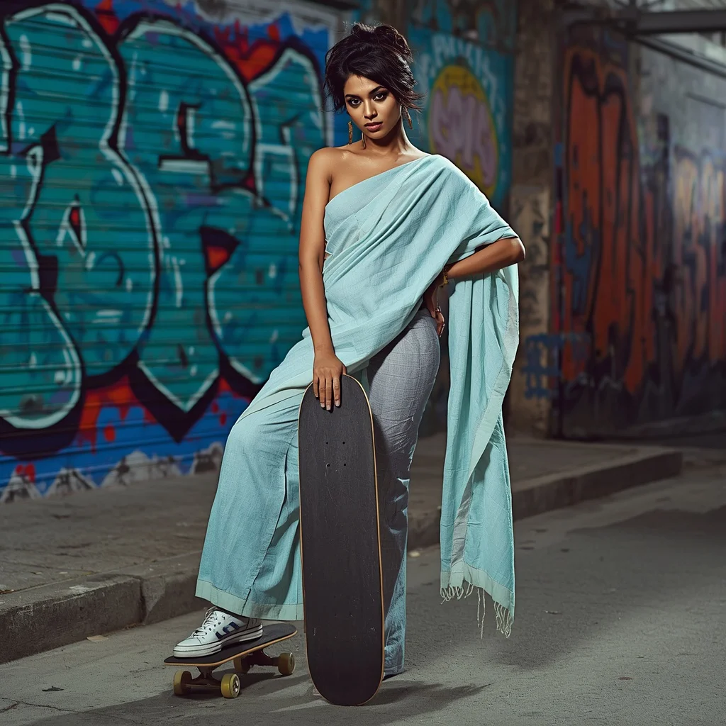 Modern Indian Woman with a Skateboard in a Pastel Contemporary Saree Boldly — AI image prompt