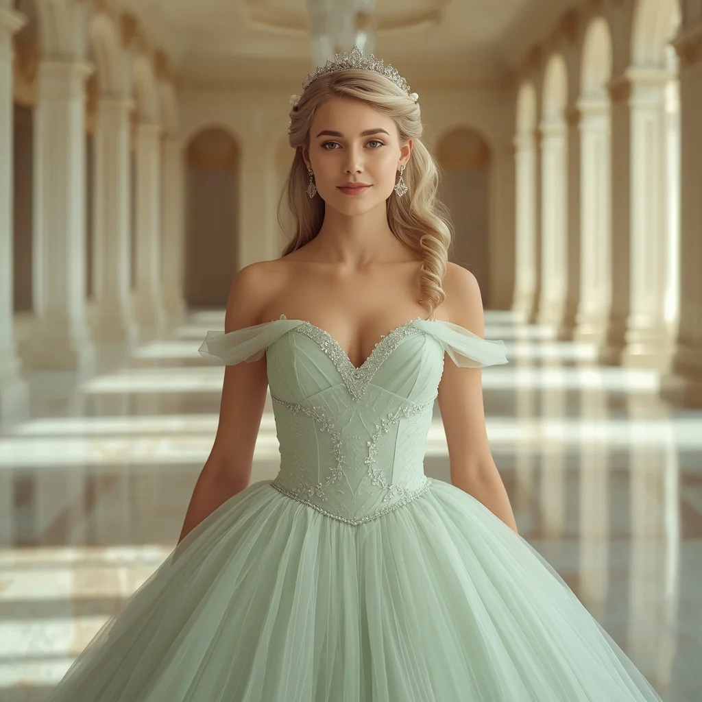 Modern Princess Charm in a Soft Mint Green Tulle Ball Gown — AI image prompt