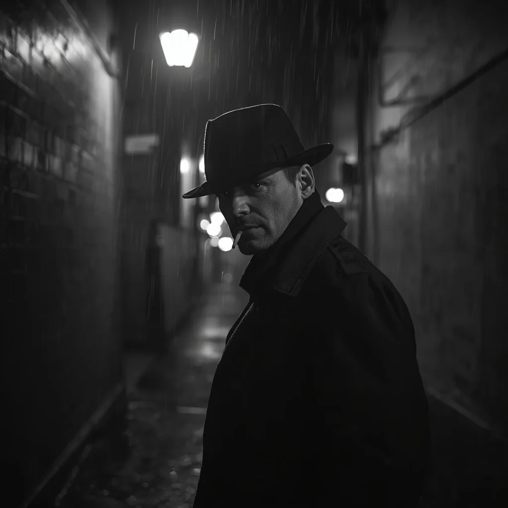 Mysterious Enigma: A Man in Shadows in a Noir Alleyway — AI image prompt