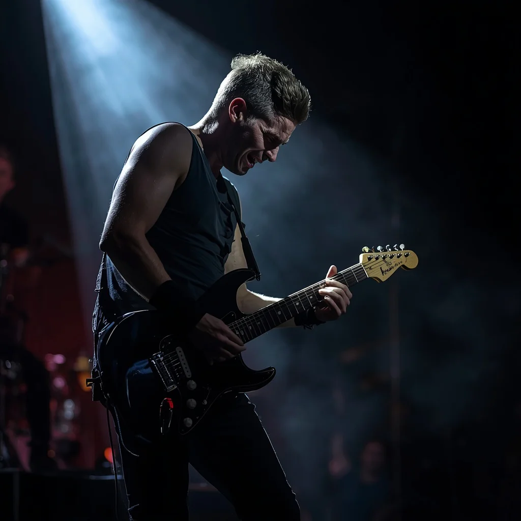 Passionate Performance: A Male Musician on a Spotlight Stage — AI image prompt