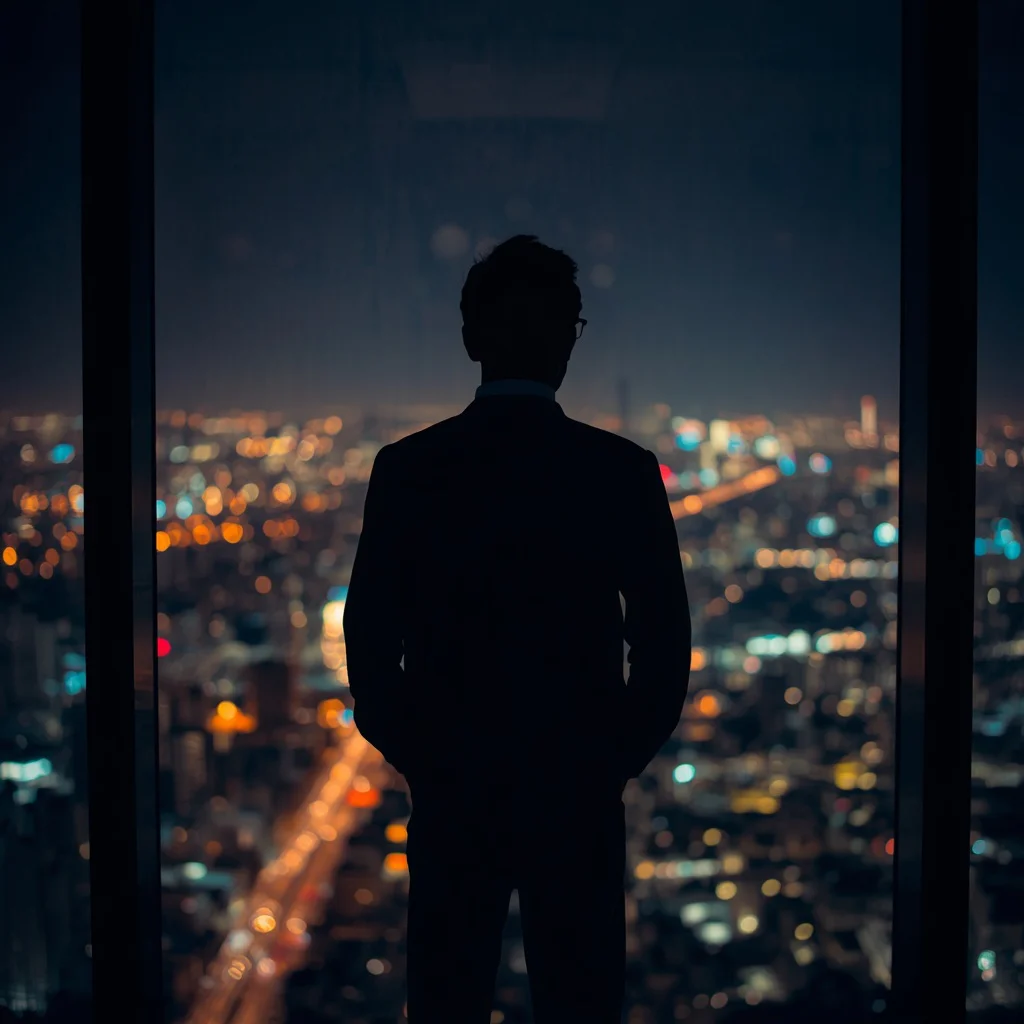 Pensive Silhouette: A Man Looking Out from a High-Rise Window — AI image prompt
