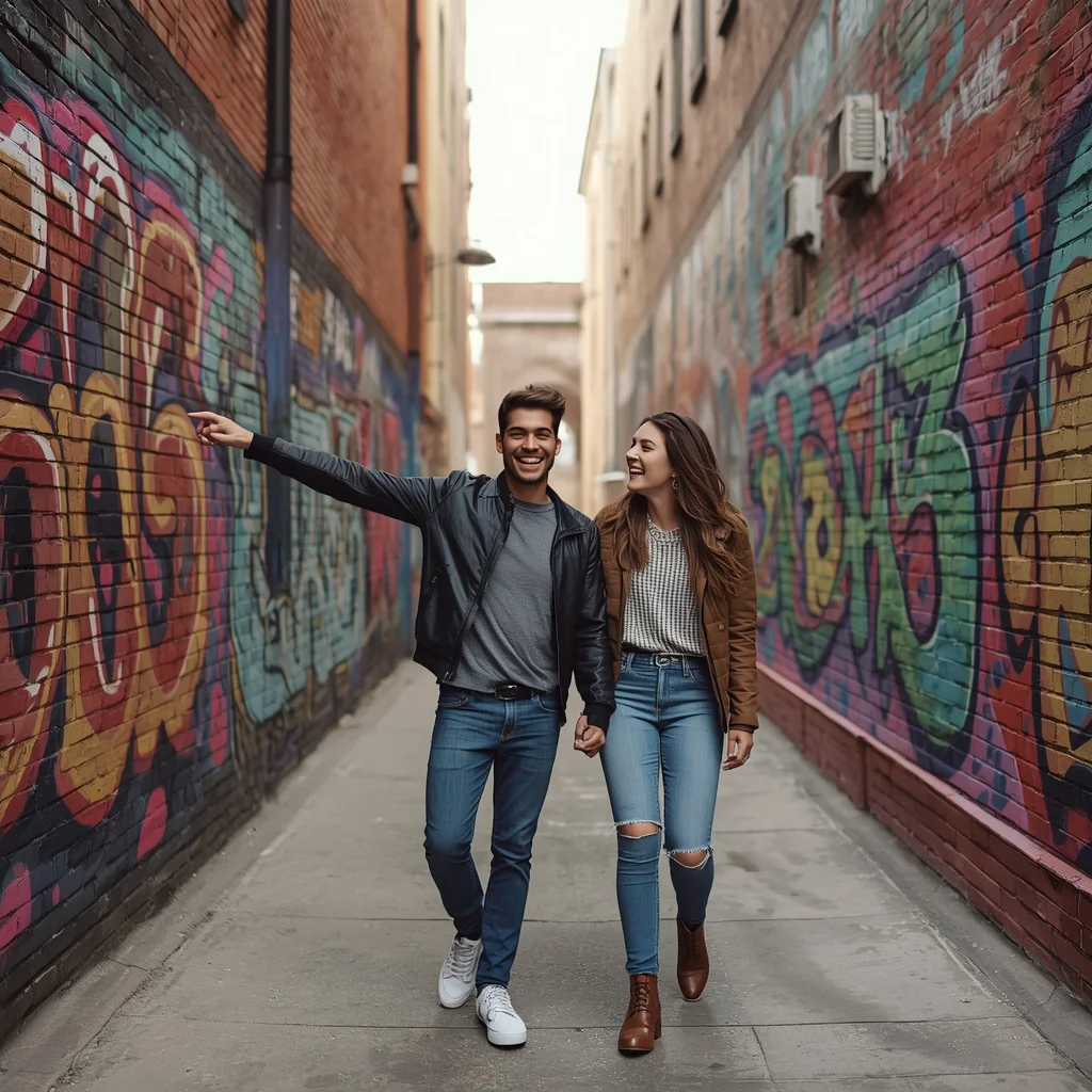 Playful Couple Exploring a Vibrant, Graffiti-Filled Alley — AI image prompt