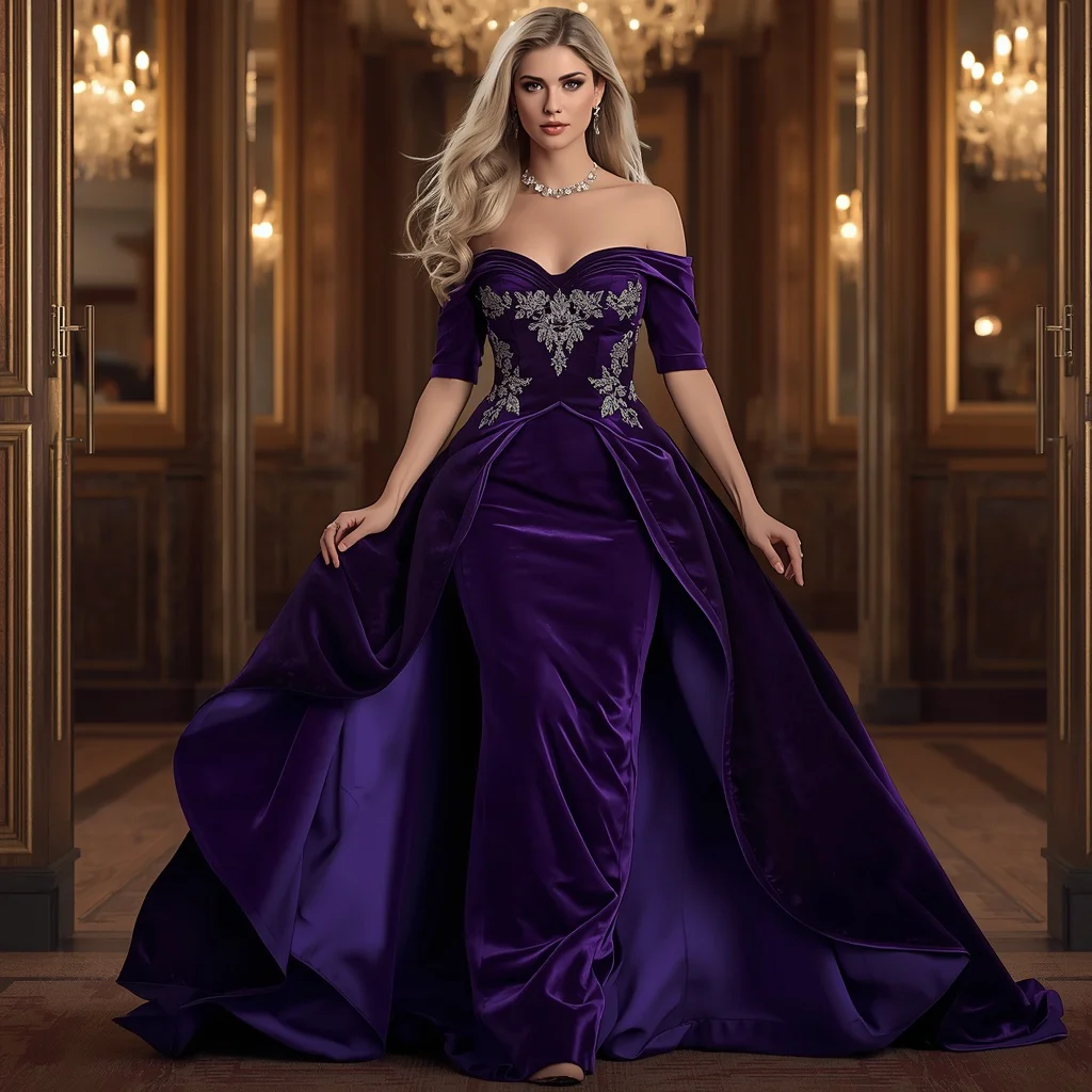 Regal Presence in a Royal Purple Velvet Off-Shoulder Gown — AI image prompt