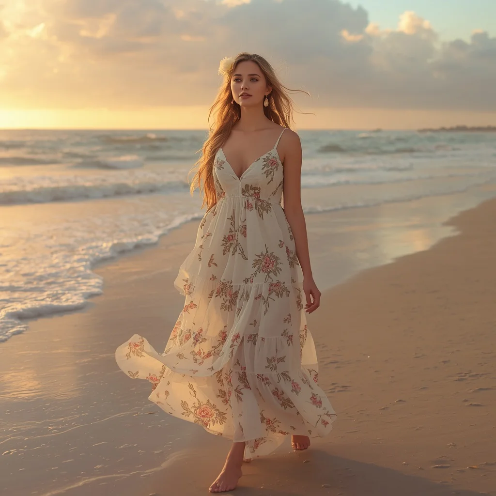 Romantic Beach Stroll in a Flowy White Floral Maxi Dress — AI image prompt