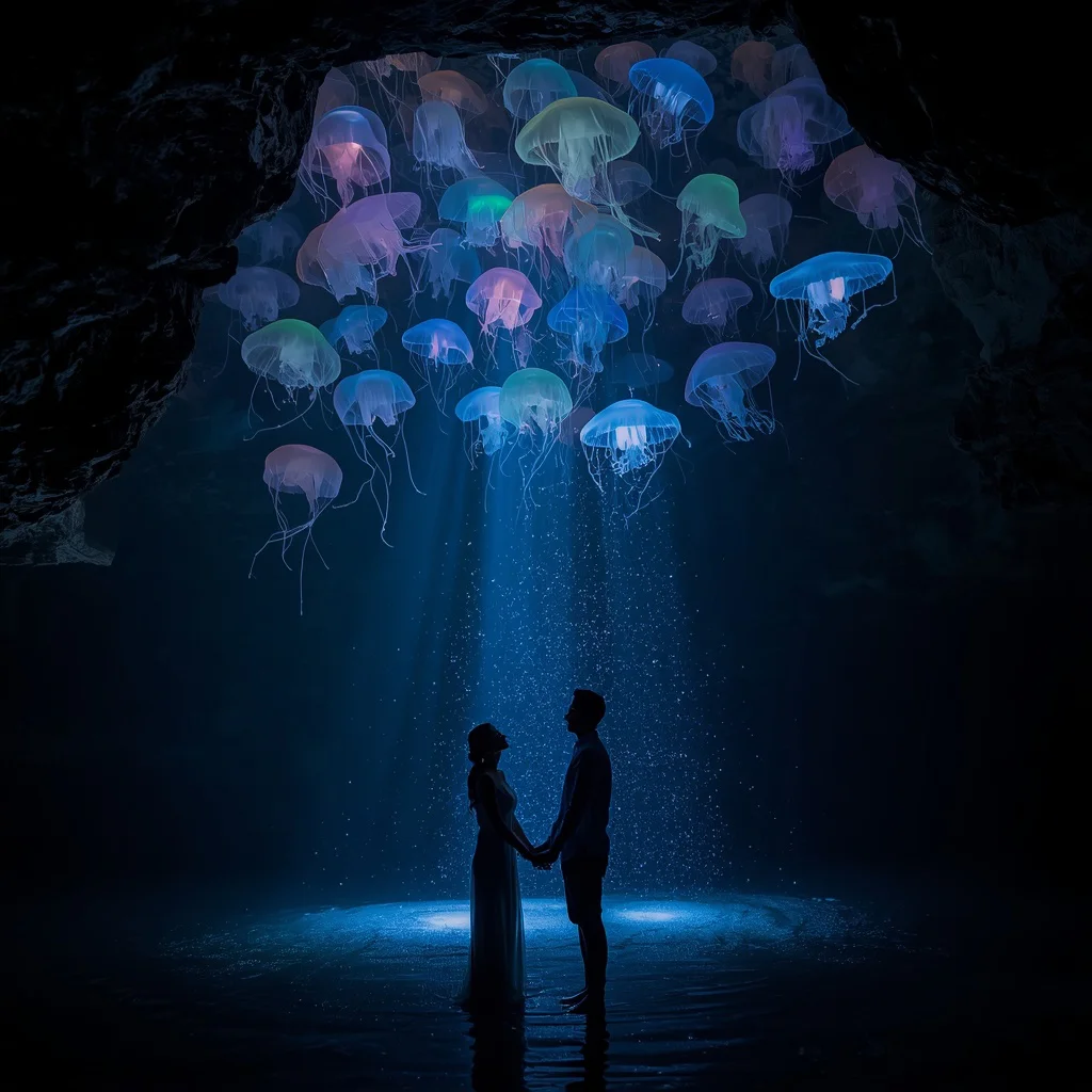 Romantic Couple Under a Canopy of Bioluminescent Jellyfish in a Cave — AI image prompt