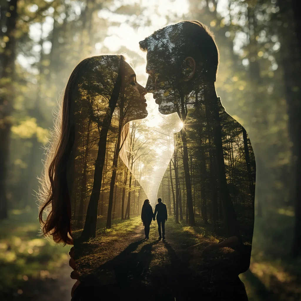 Romantic Couple's Love in a Serene Forest Double Exposure — AI image prompt