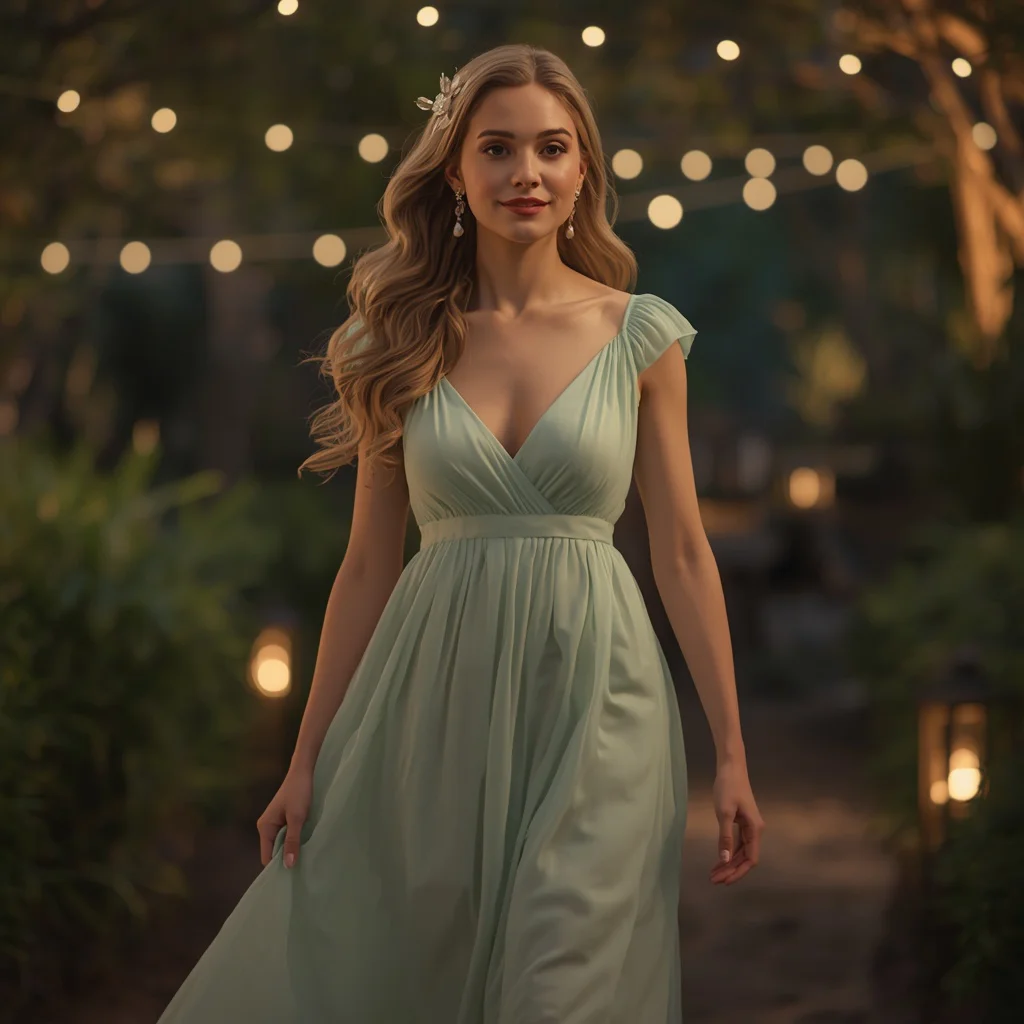 Serene Evening Garden Party with a Flowing Mint Green Gown — AI image prompt