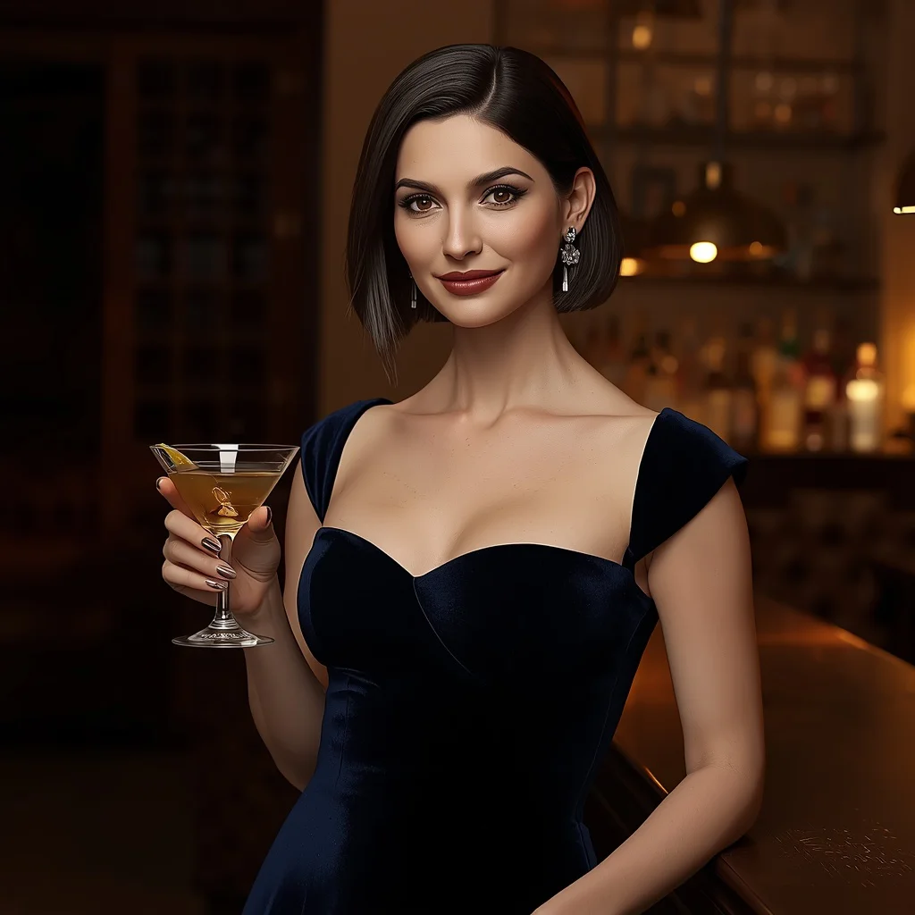 Sophisticated Cocktail Hour with a Navy Blue Velvet Midi Dress — AI image prompt